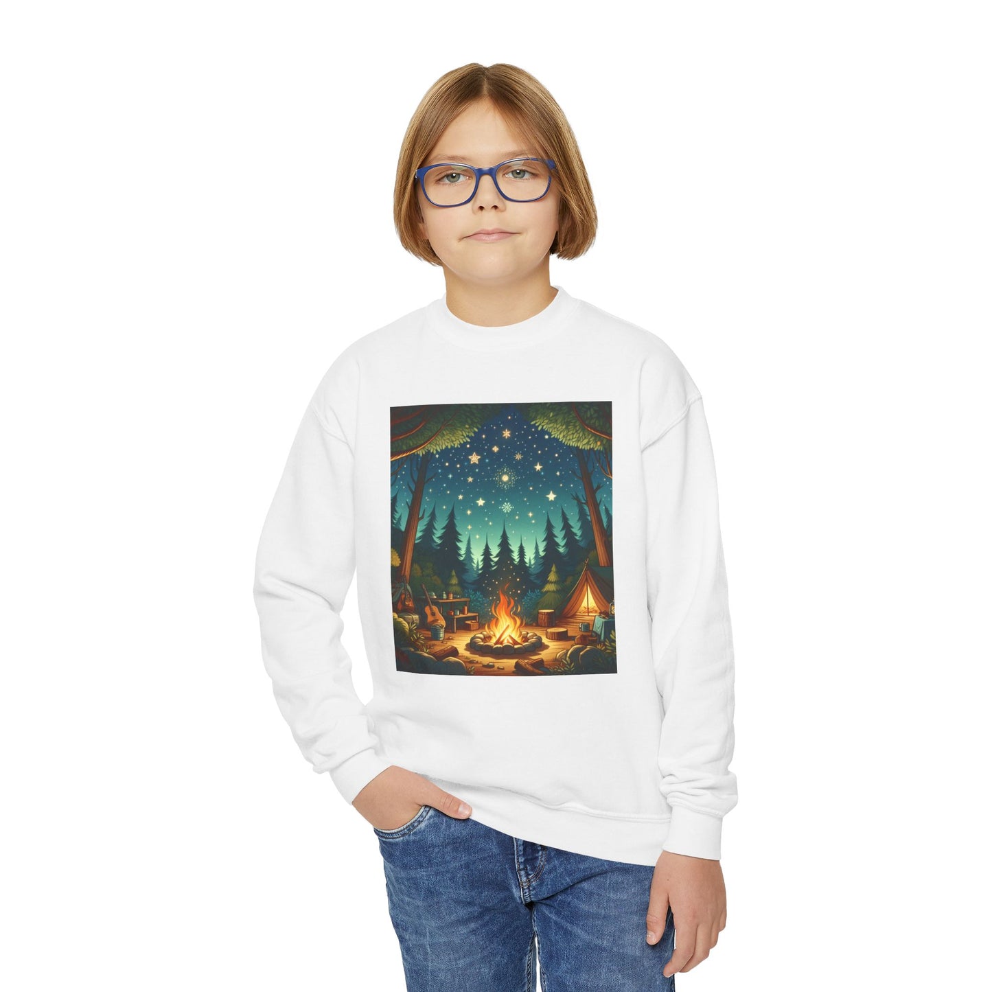 Youth Crewneck Sweatshirt with Camping Design - Gift, Birthday Present, Cozy Pullover