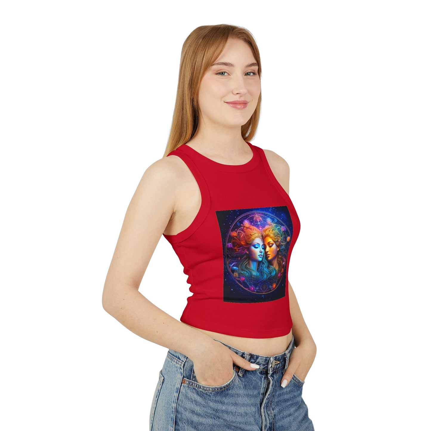 Gemini Women's Micro Rib Racer Tank Top - Vibrant Galaxy Design