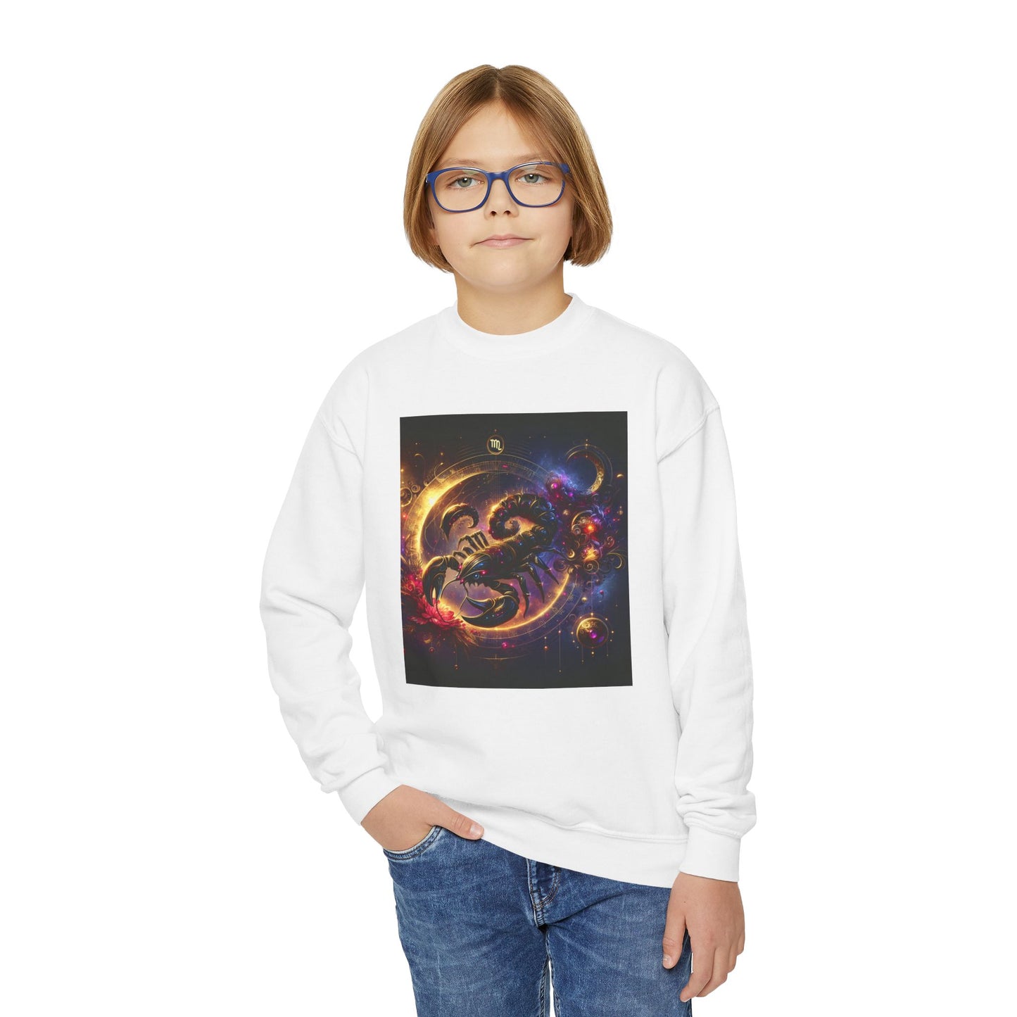 Youth Crewneck Sweatshirt with Scorpio Zodiac Design - Astrology Gift, Horoscope Apparel, Birthday Present, Cozy Pullover