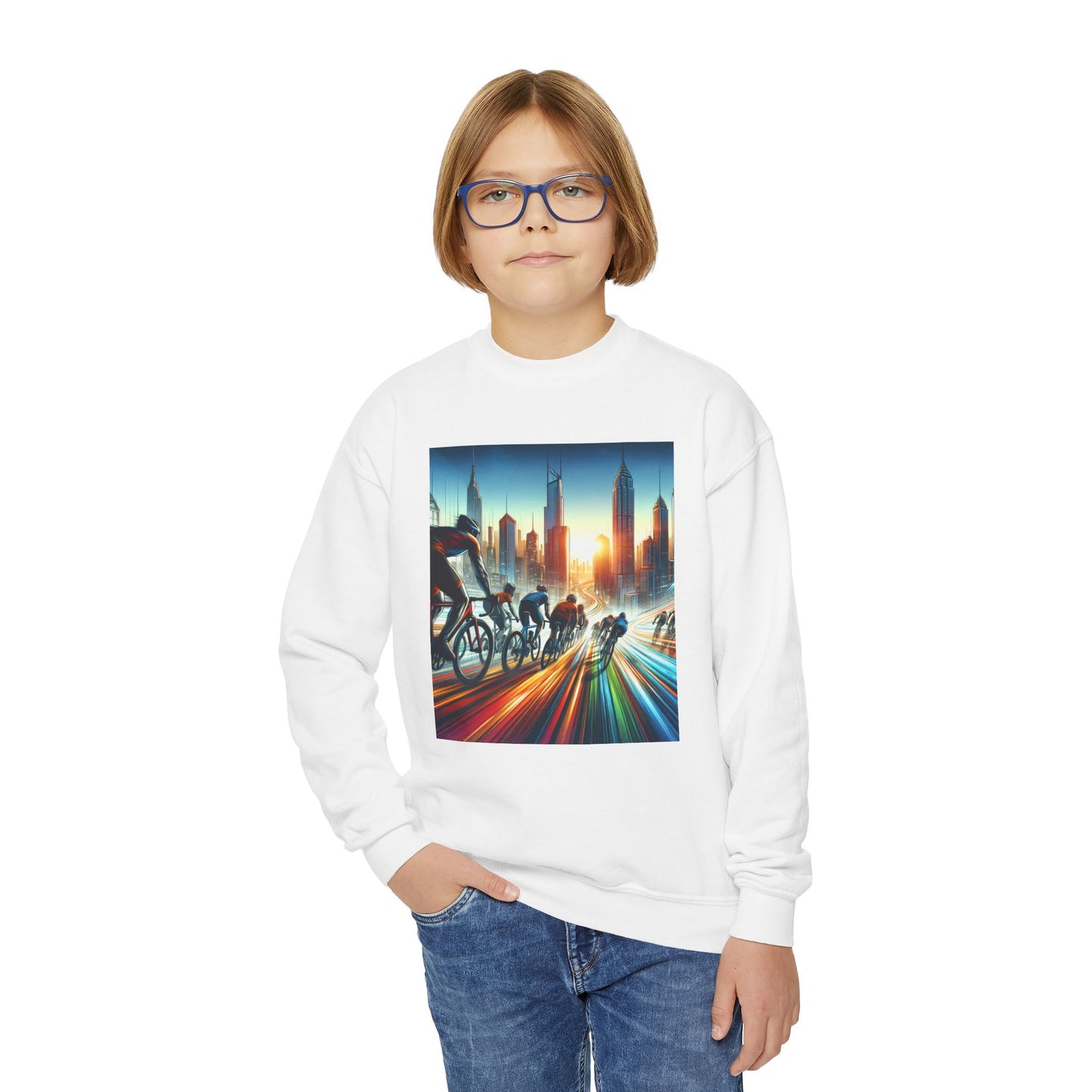 Youth Crewneck Sweatshirt with Cycling Design - Gift, Birthday Present, Cozy Pullover