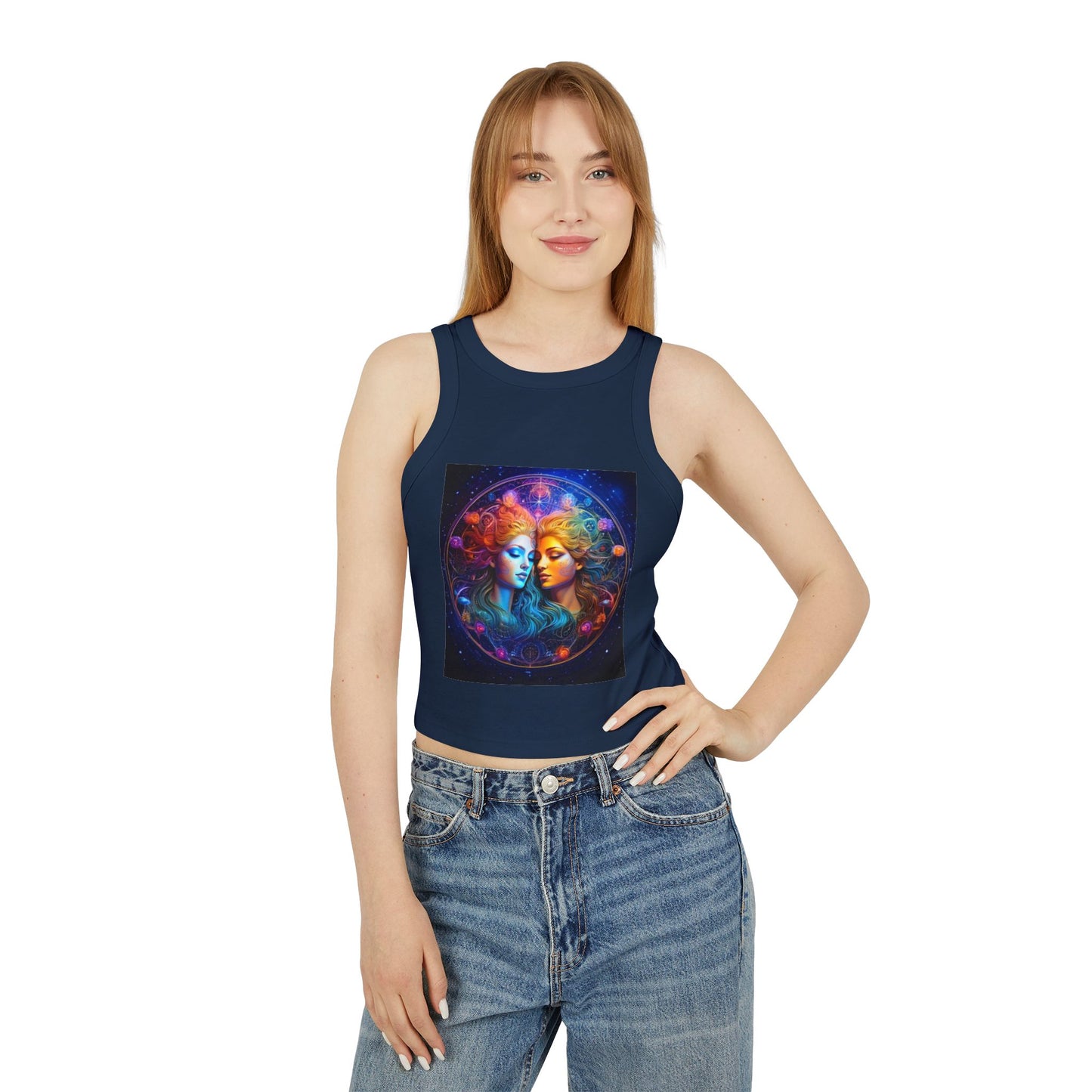 Gemini Women's Micro Rib Racer Tank Top - Vibrant Galaxy Design