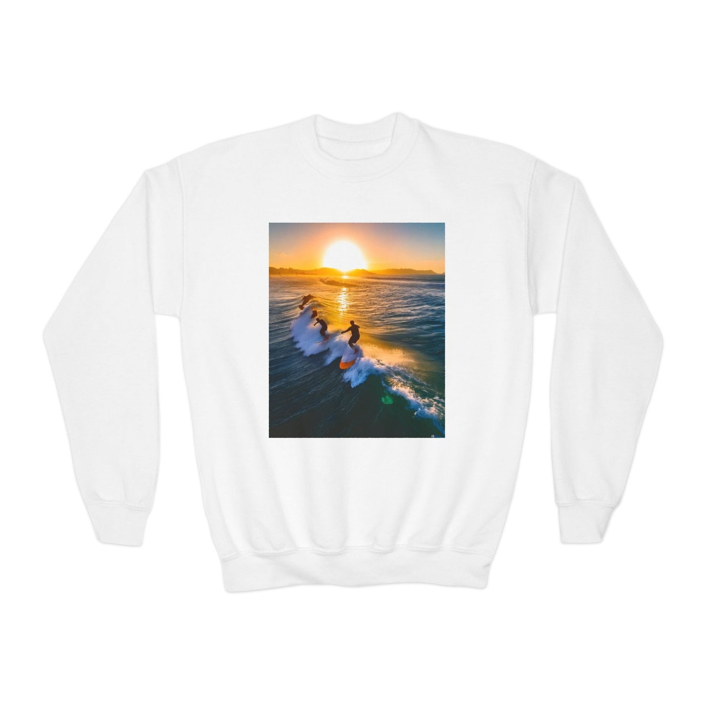 Youth Crewneck Sweatshirt with Surfing Design - Gift, Birthday Present, Cozy Pullover