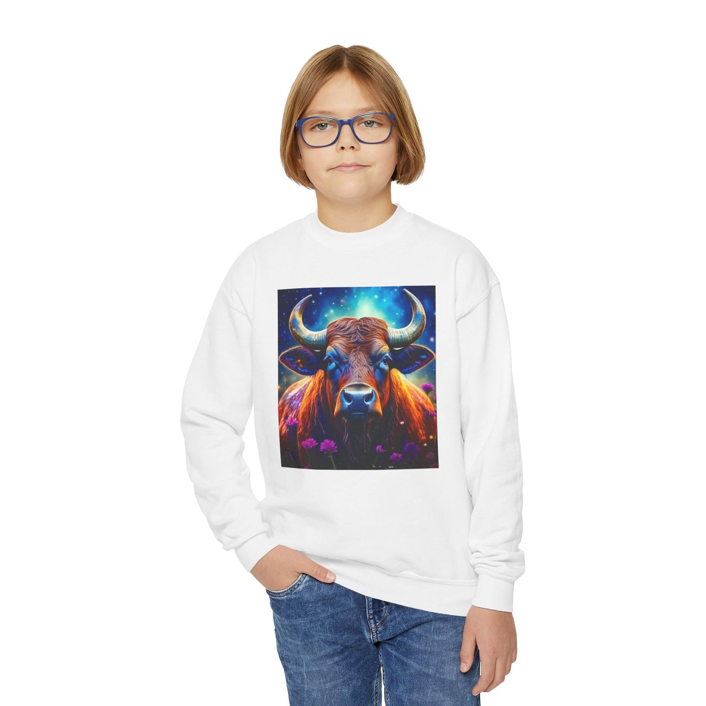 Youth Crewneck Sweatshirt with Taurus Zodiac Design - Astrology Gift, Horoscope Apparel, Birthday Present, Cozy Pullover