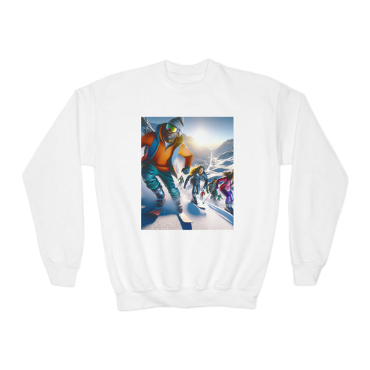 Youth Crewneck Sweatshirt with Skiing Design - Gift, Birthday Present, Cozy Pullover