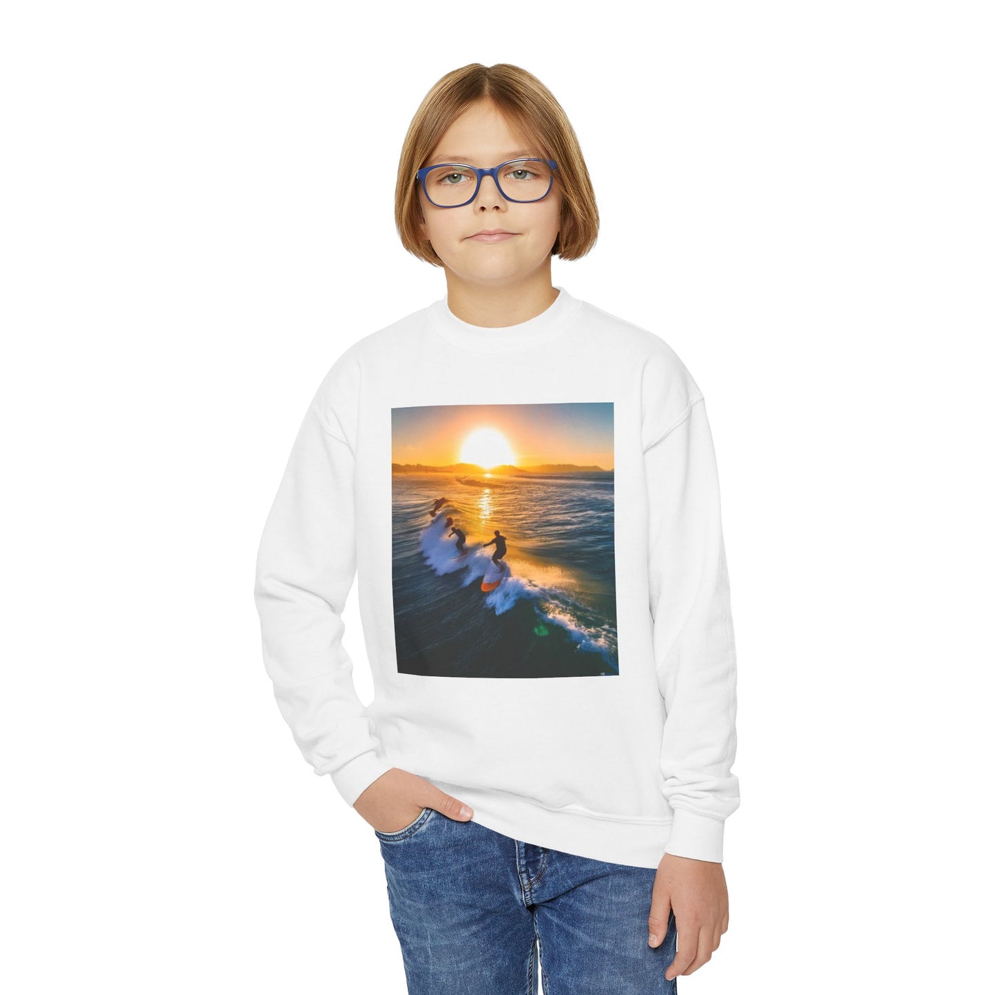 Youth Crewneck Sweatshirt with Surfing Design - Gift, Birthday Present, Cozy Pullover