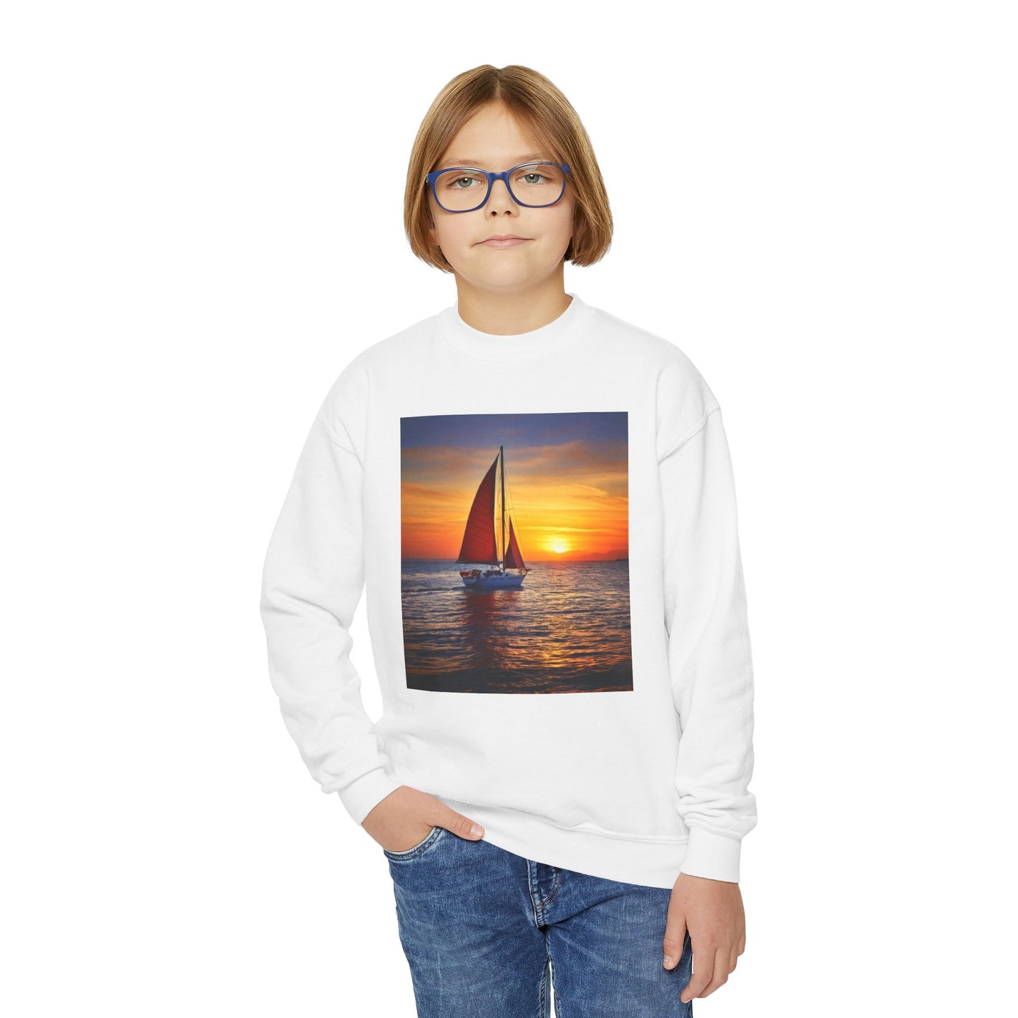 Youth Crewneck Sweatshirt with Sailing Design - Gift, Birthday Present, Cozy Pullover