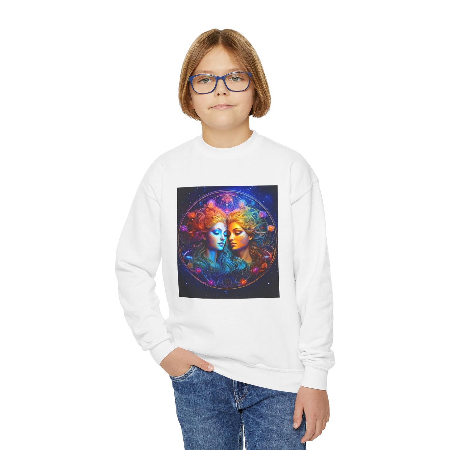 Youth Crewneck Sweatshirt with Gemini  Zodiac Design - Astrology Gift, Horoscope Apparel, Birthday Present, Cozy Pullover