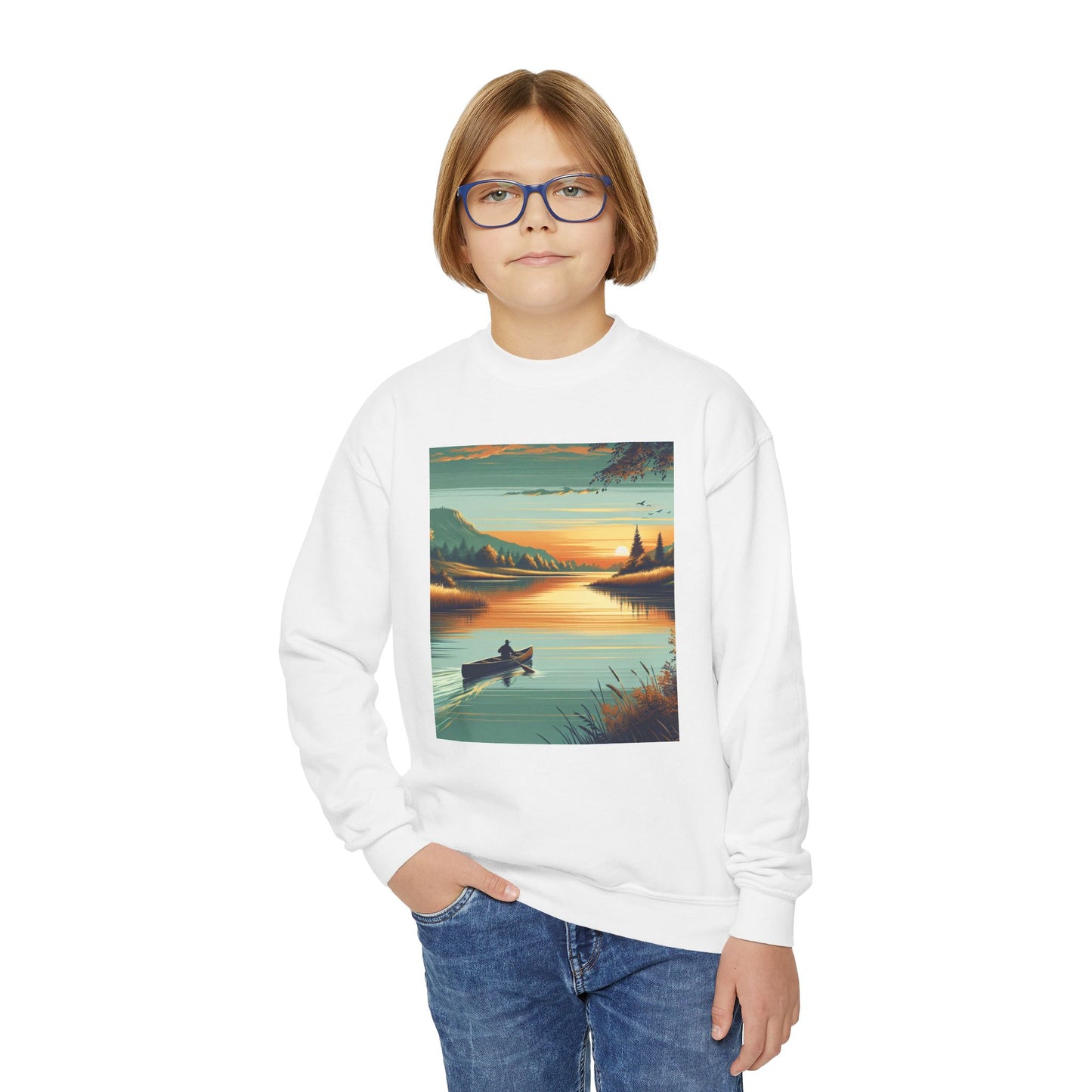 Youth Crewneck Sweatshirt with Canoeing Design - Gift, Birthday Present, Cozy Pullover