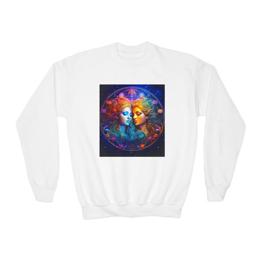 Youth Crewneck Sweatshirt with Gemini  Zodiac Design - Astrology Gift, Horoscope Apparel, Birthday Present, Cozy Pullover