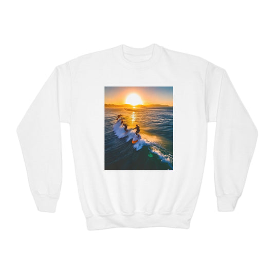 Youth Crewneck Sweatshirt with Surfing Design - Gift, Birthday Present, Cozy Pullover