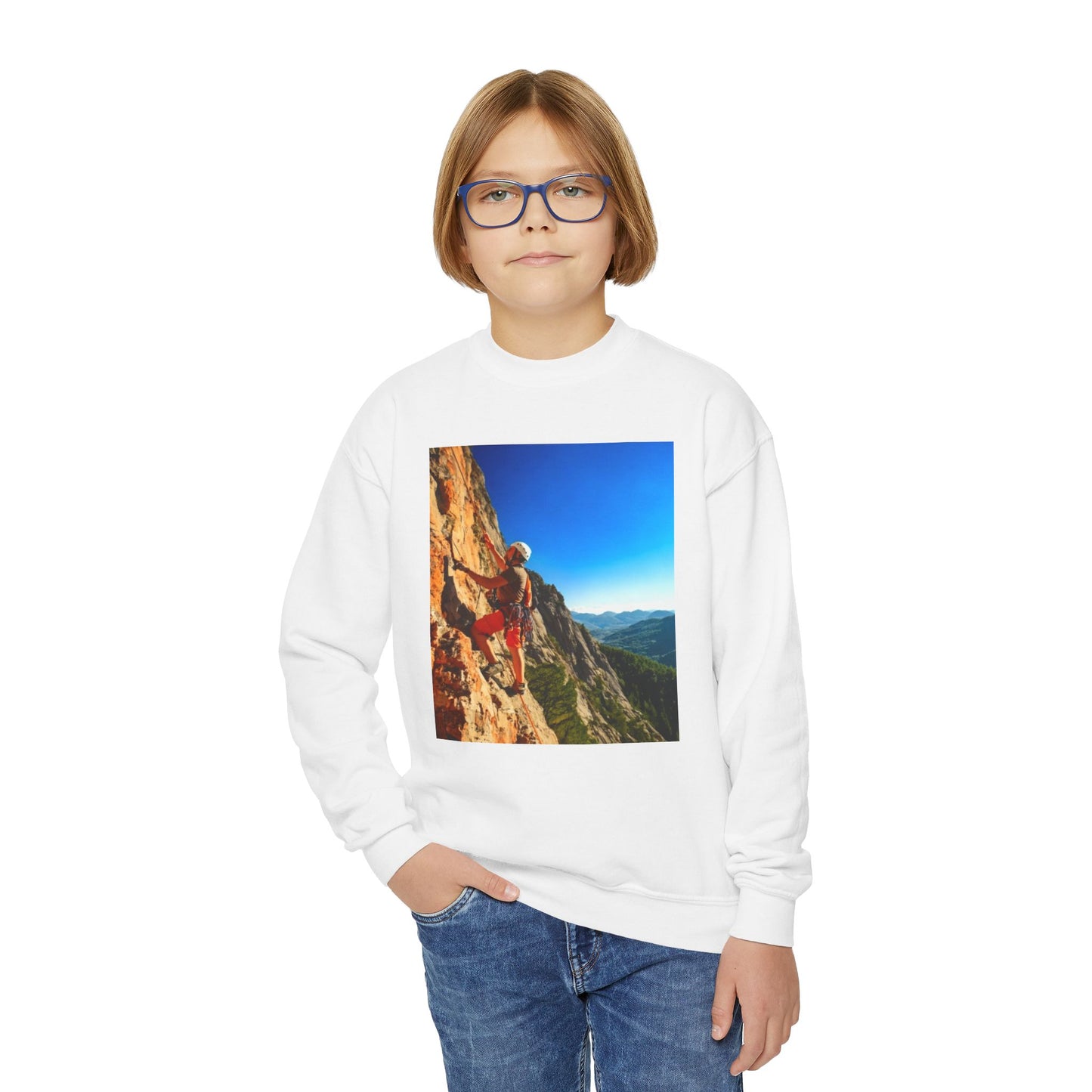 Youth Crewneck Sweatshirt with Rock Climbing Design - Gift, Birthday Present, Cozy Pullover
