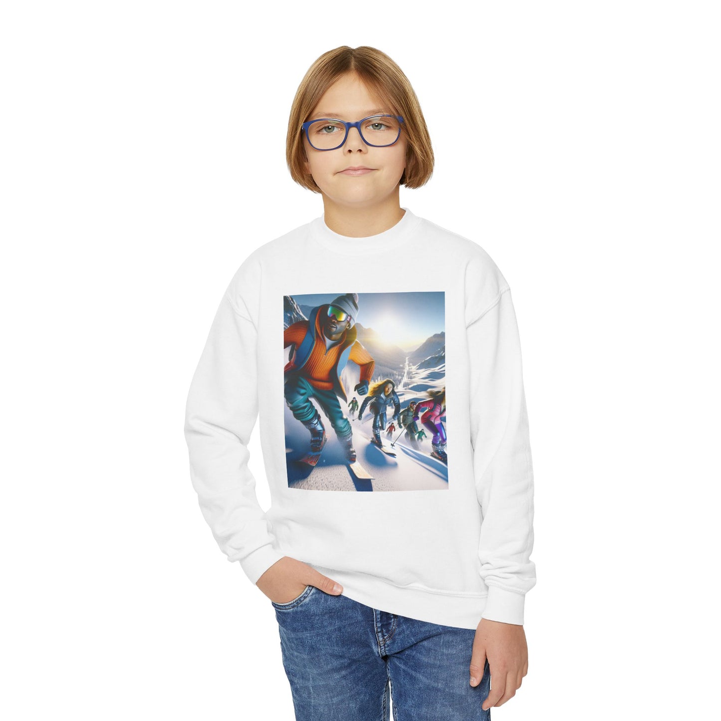 Youth Crewneck Sweatshirt with Skiing Design - Gift, Birthday Present, Cozy Pullover