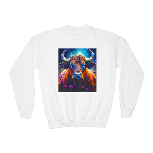 Youth Crewneck Sweatshirt with Taurus  Zodiac Design - Astrology Gift, Horoscope Apparel, Birthday Present, Cozy Pullover